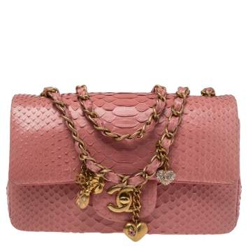 Pre Owned Chanel Pink Python Small Valentine Classic Single Flap Bag
