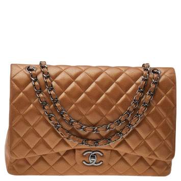 Pre Owned Chanel Metallic Beige Quilted Leather Maxi Classic Single Flap Bag