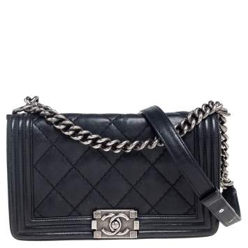 Pre Owned Chanel Black Quilted Leather Medium Boy Bag