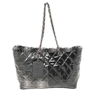 Pre Owned Chanel Grey Quilted Vinyl and Tweed Funny Patchwork Tote
