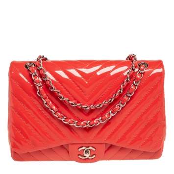 Pre Owned Chanel Coral Chevron Patent Leather Jumbo Classic Flap Bag