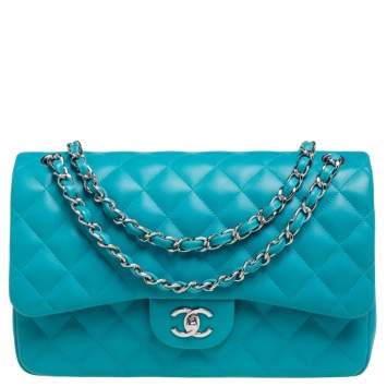 Pre Owned Chanel Blue Quilted Leather Jumbo Classic Double Flap Bag