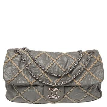 Pre Owned Chanel Grey Crinkled Leather Ultra Stitch Classic Flap Bag