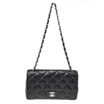 Pre Owned Chanel Black Studded Leather Medium Classic Single Flap Bag