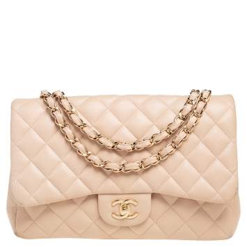 Pre Owned Chanel Beige Quilted Leather Jumbo Classic Single Flap Bag
