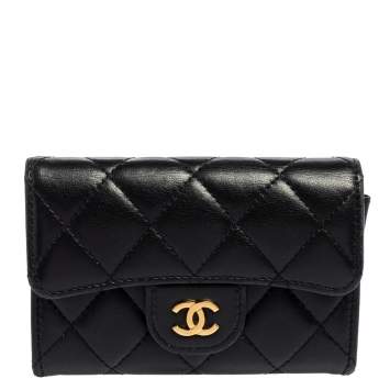 Pre Owned Chanel Black Quilted Leather CC Classic Flap Card Case