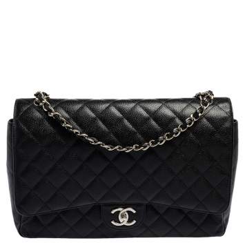 Pre Owned Chanel Black Quilted Caviar Leather Maxi Classic Double Flap Bag 