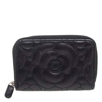 Pre Owned Chanel Black Leather Camellia Zip Around Coin Purse 