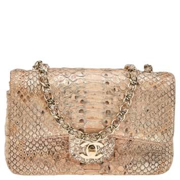Pre Owned Chanel Beige/Gold Python New Mini Classic Single Flap Bag