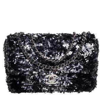 Pre Owned Chanel Black/Silver Sequins Small Classic Single Flap Bag
