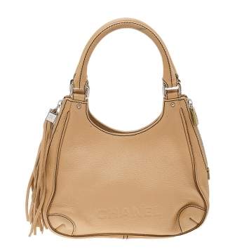 Pre Owned Chanel Beige Grained Leather Tassel Hobo