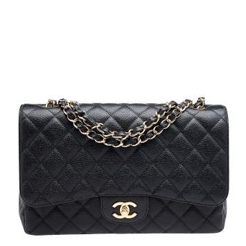Pre Owned Chanel Black Quilted Caviar Leather Jumbo Classic Single Flap Bag