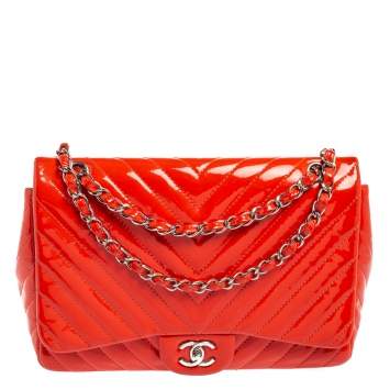 Pre Owned Chanel Orange Chevron Patent Leather Jumbo Classic Single Flap Bag