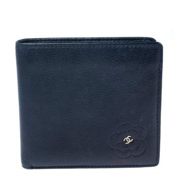 Pre Owned Chanel Dark Blue Leather CC Camellia Bifold Wallet