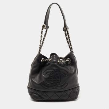 Pre Owned Chanel Black Leather Drawstring Hobo