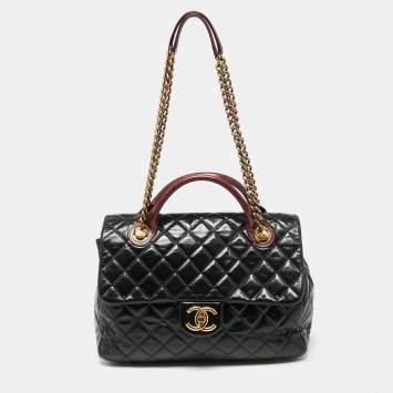 Pre Owned Chanel Black/Burgundy Quilted Glazed Leather Medium Castle Rock Top Handle Bag