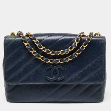 Pre Owned Chanel Navy Blue Diagonal Quilt Caviar Leather Vintage Jumbo Classic Flap Bag