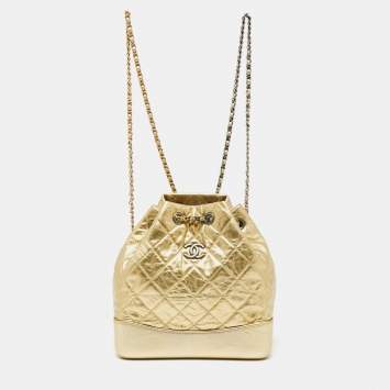 Pre Owned Chanel Gold Quilted Laminated Leather Small Gabrielle Backpack