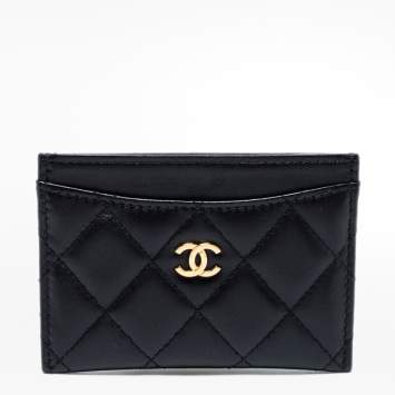 Pre Owned Chanel Black Quilted Lambskin Leather Classic Card Holder