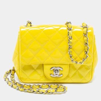 Pre Owned Chanel Yellow Quilted Patent Mini Square Classic Flap Bag