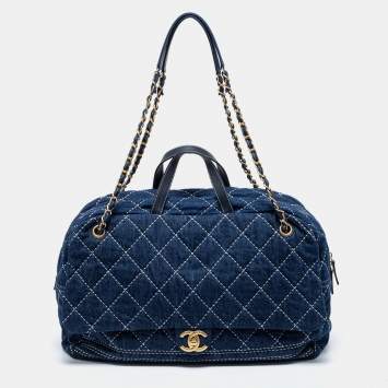 Pre Owned Chanel Blue Quilted Denim Large Bowling Bag