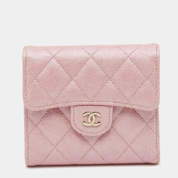 Pre Owned Chanel Iridescent Pink Quilted Caviar Leather Classic Trifold Flap Wallet