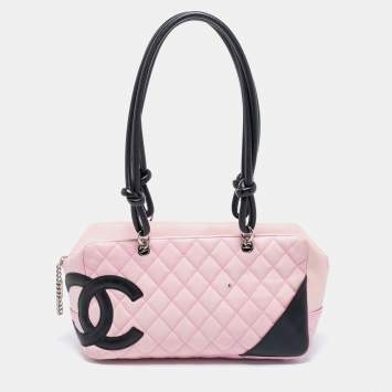 Pre Owned Chanel Pink/Black Quilted Leather Cambon Ligne Bowler Bag