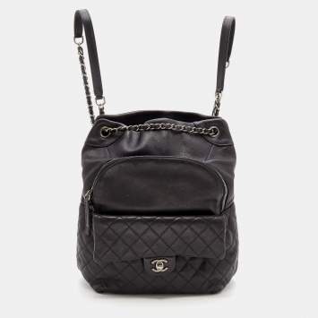 Pre Owned Chanel Black Quilted Leather Small Drawstring CC Flap Backpack 