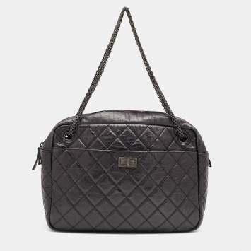 Pre Owned Chanel Metallic Black Quilted Aged Leather Large Reissue Camera Bag