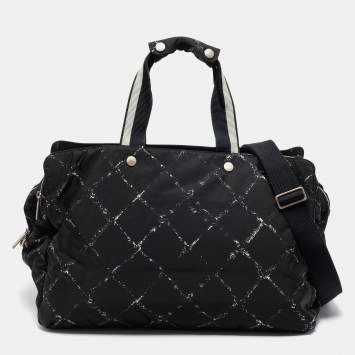 Pre Owned Chanel Black/White Quilted Print Nylon Travel Line Duffel Bag