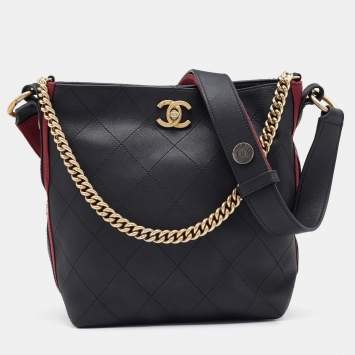 Pre Owned Chanel Black Quilted Leather Button Up Hobo