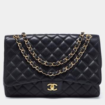 Pre Owned Chanel Black Quilted Caviar Leather Maxi Classic Single Flap Bag