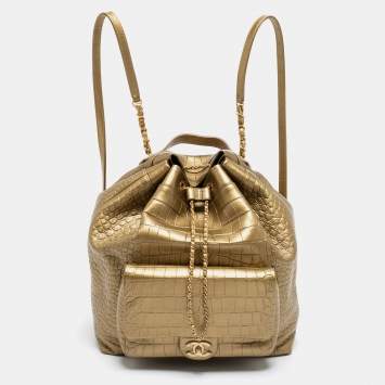 Pre Owned Chanel Gold Croc Embossed Leather Drawstring Backpack