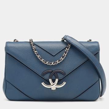 Pre Owned Chanel Blue Caviar Leather Chevron Flap Bag