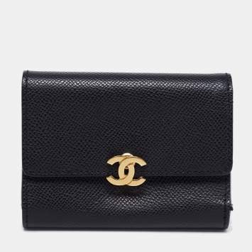Pre Owned Chanel Black Caviar Leather Vintage CC Trifold Wallet