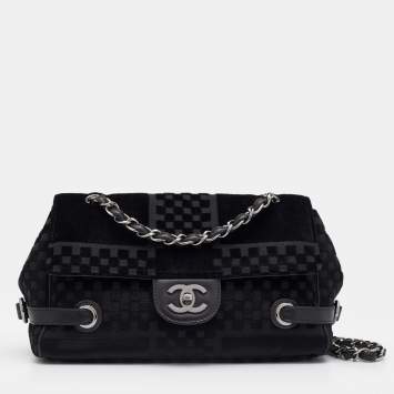 Pre Owned Chanel Black Check Embossed Velvet And Fabric CC Side Belted Flap Bag