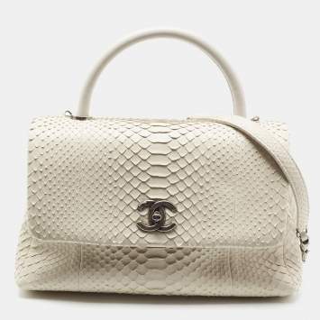 Pre Owned Chanel Off White Python Medium Coco Top Handle Bag