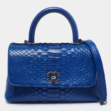 Pre Owned Chanel Blue Python and Leather Mini Coco Top Handle Bag