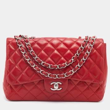Pre Owned Chanel Red Quilted Leather Jumbo Classic Single Flap Bag