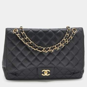 Pre Owned Chanel Black Caviar Leather Maxi Classic Single Flap Bag