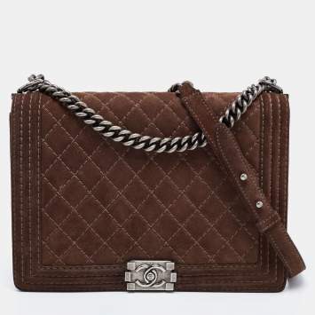 Pre Owned Chanel Brown Quilted Suede Large Boy Bag