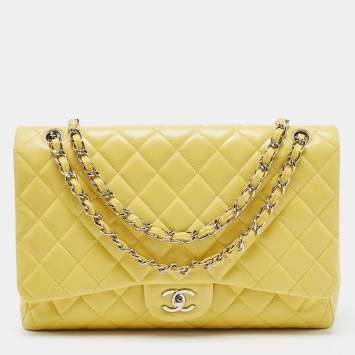 Pre Owned Chanel Yellow Quilted Leather Maxi Classic Single Flap Shoulder Bag