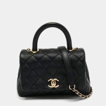Pre Owned Chanel Black Quilted Caviar Leather Extra Mini Coco Top Handle Bag