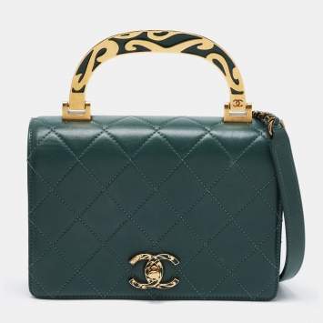 Pre Owned Chanel Green Quilted Leather Enamel Top Handle Bag