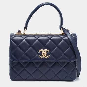 Pre Owned Chanel Navy Blue Quilted Lambskin Leather Small Trendy CC Flap Top Handle Bag