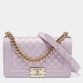 Pre Owned Chanel Light Purple Quilted Patent Leather Medium Boy Bag