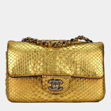 Pre Owned Chanel Gold Python Leather Exotic Timeless Classic Single Flap 2013 Shoulder Bag