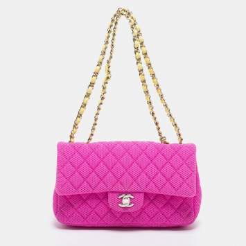 Pre Owned Chanel Pink Perforated Jersey and Patent Leather Medium Classic Single Flap Shoulder Bag