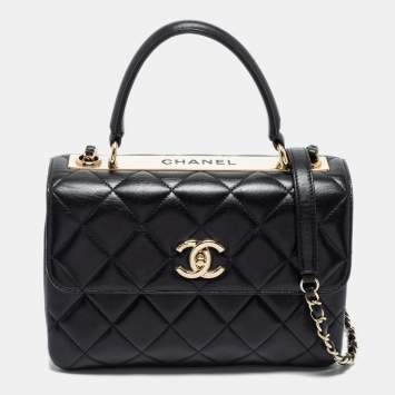 Pre Owned Chanel Black Quilted Lambskin Leather Small Trendy CC Flap Top Handle Bag