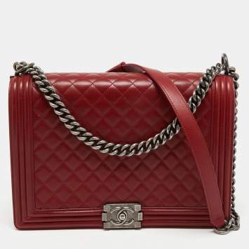 Pre Owned Chanel Red Quilted Leather Large Boy Flap Bag